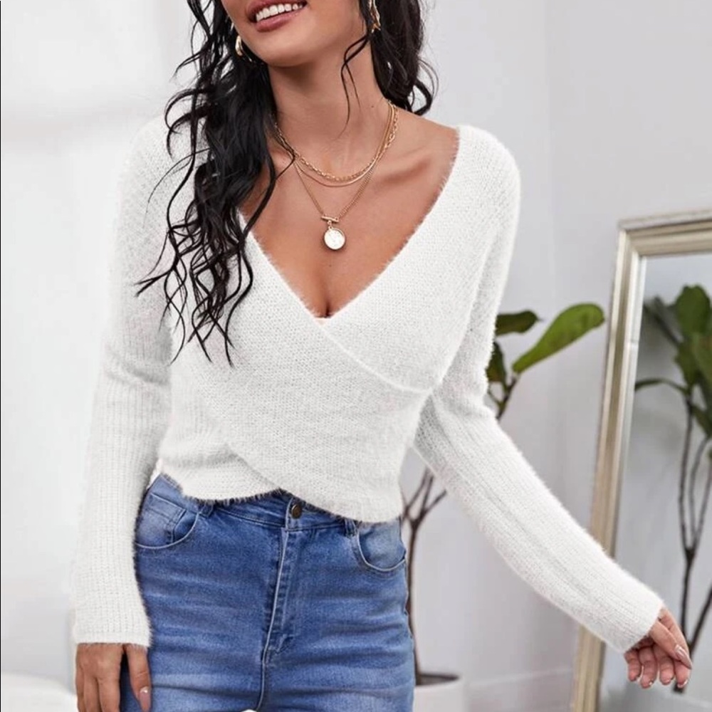 Surplice Soft Cozy Knit Sweater V Neck Crop White